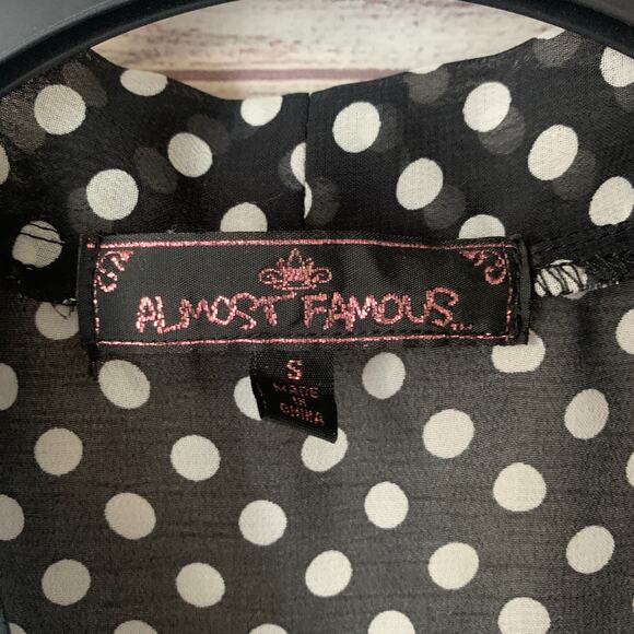 Almost Famous Black with White Polka Dot Sheer Sleeveless Blouse Tie Neck Size S - Picture 8 of 11